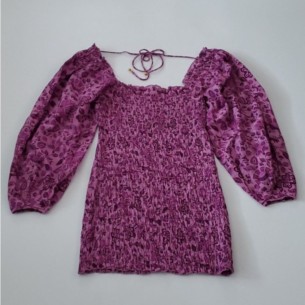 Free People Azalea Combo Smocked exaggerated puff sleeve mini dress